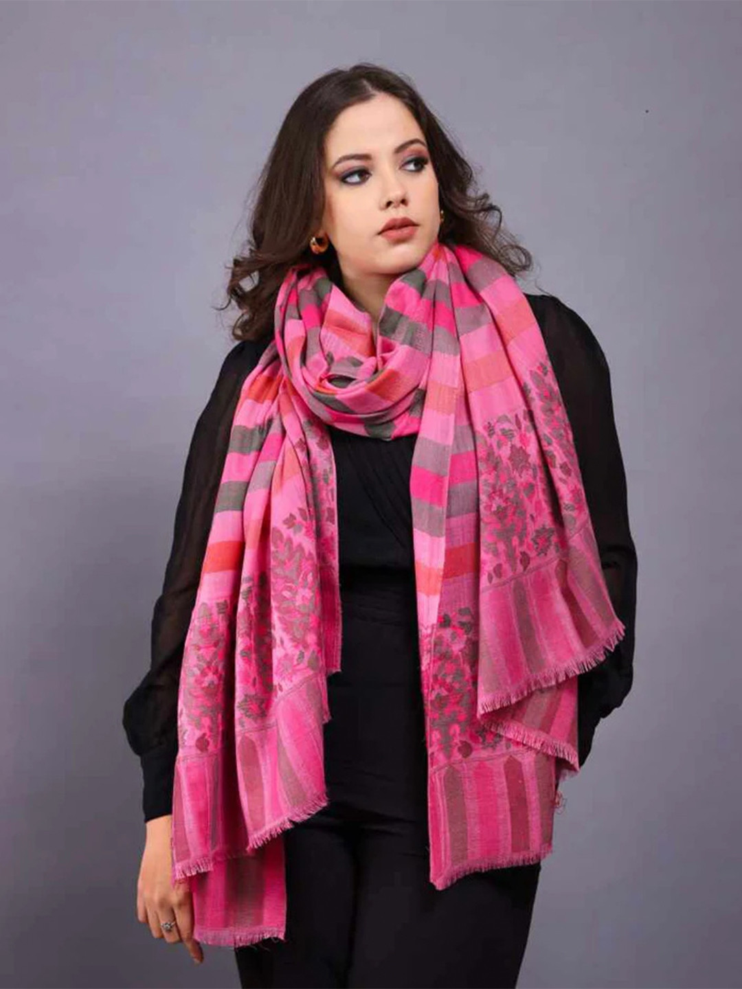 

THE SHAWL STUDIO Striped Printed Woolen Shawl, Pink