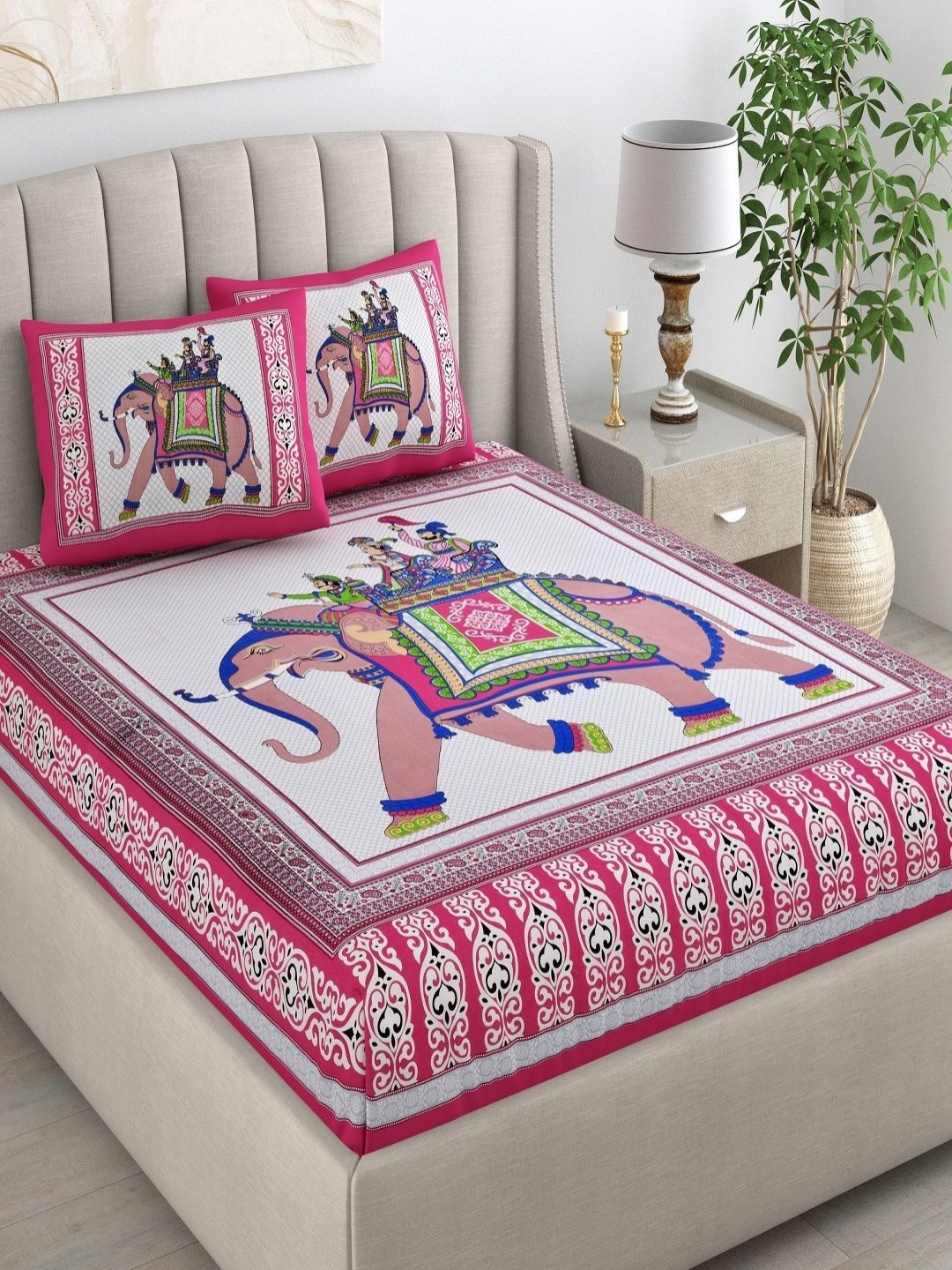 

CHICERY White & Pink Ethnic Motifs 210 TC King Bedsheet with 2 Pillow Covers