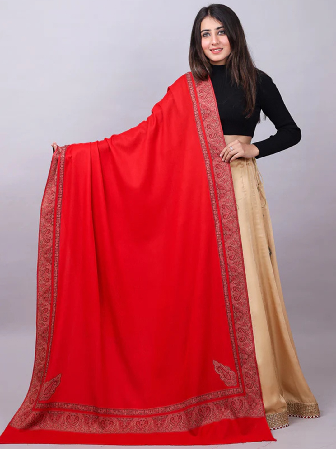 

THE SHAWL STUDIO Paisley Printed Woolen Shawl, Red