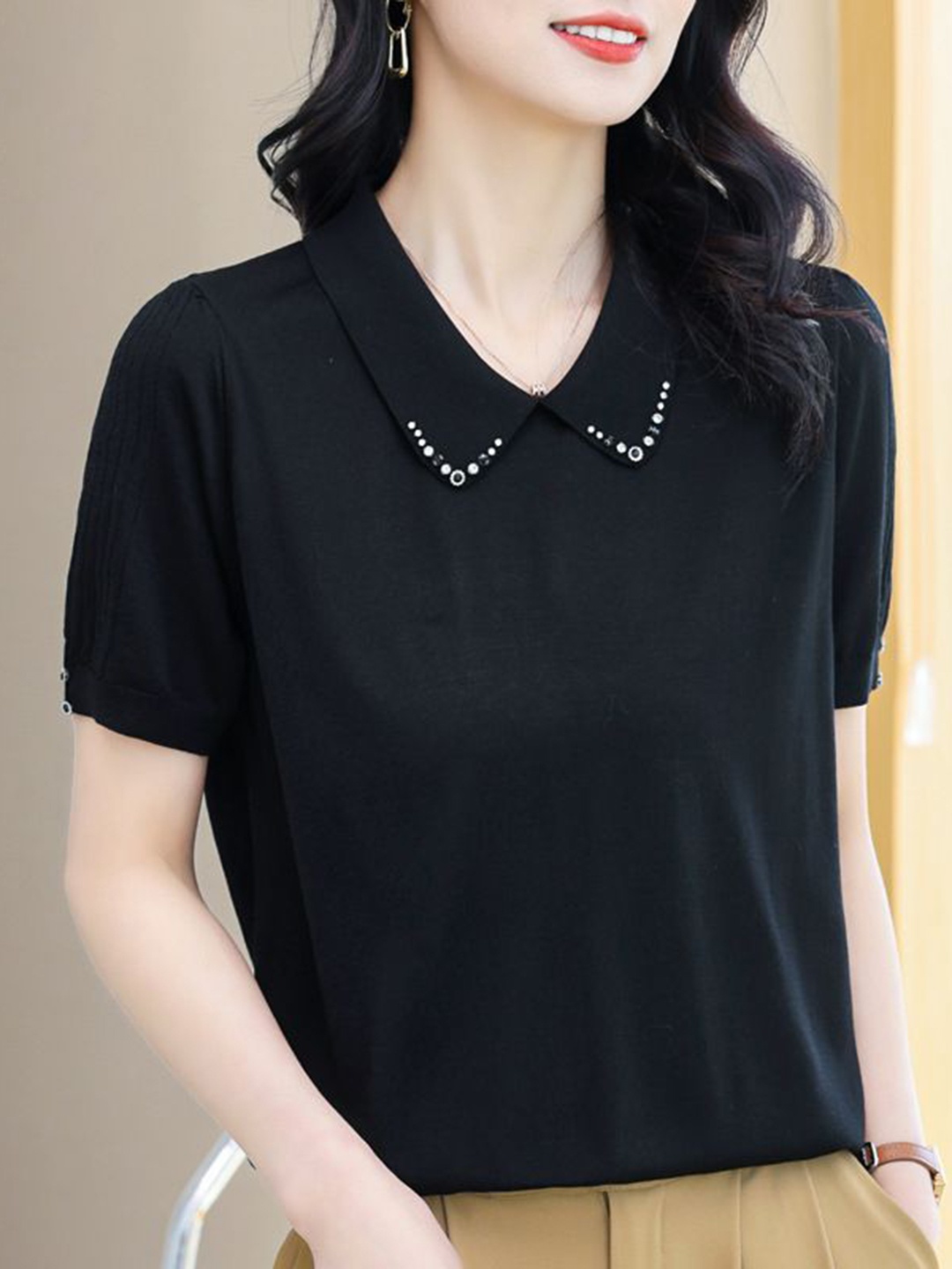 

StyleCast Women Peter Pan Collar T-shirt, Black