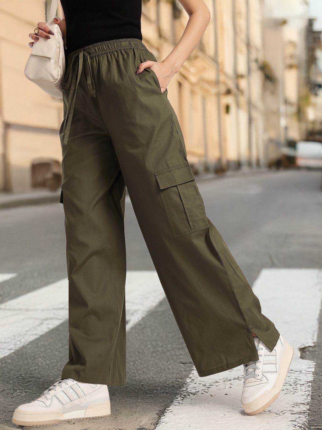 

glitchez Women Effortless Vibes Twill Relaxed Fit Wide Leg Cargos, Olive