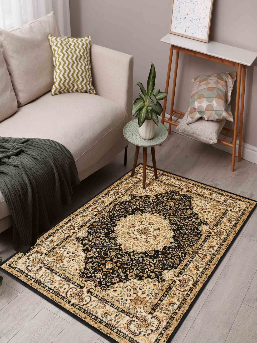 

OBSESSIONS Black Ethnic Motifs Anti-Skid Polypropylene Carpet