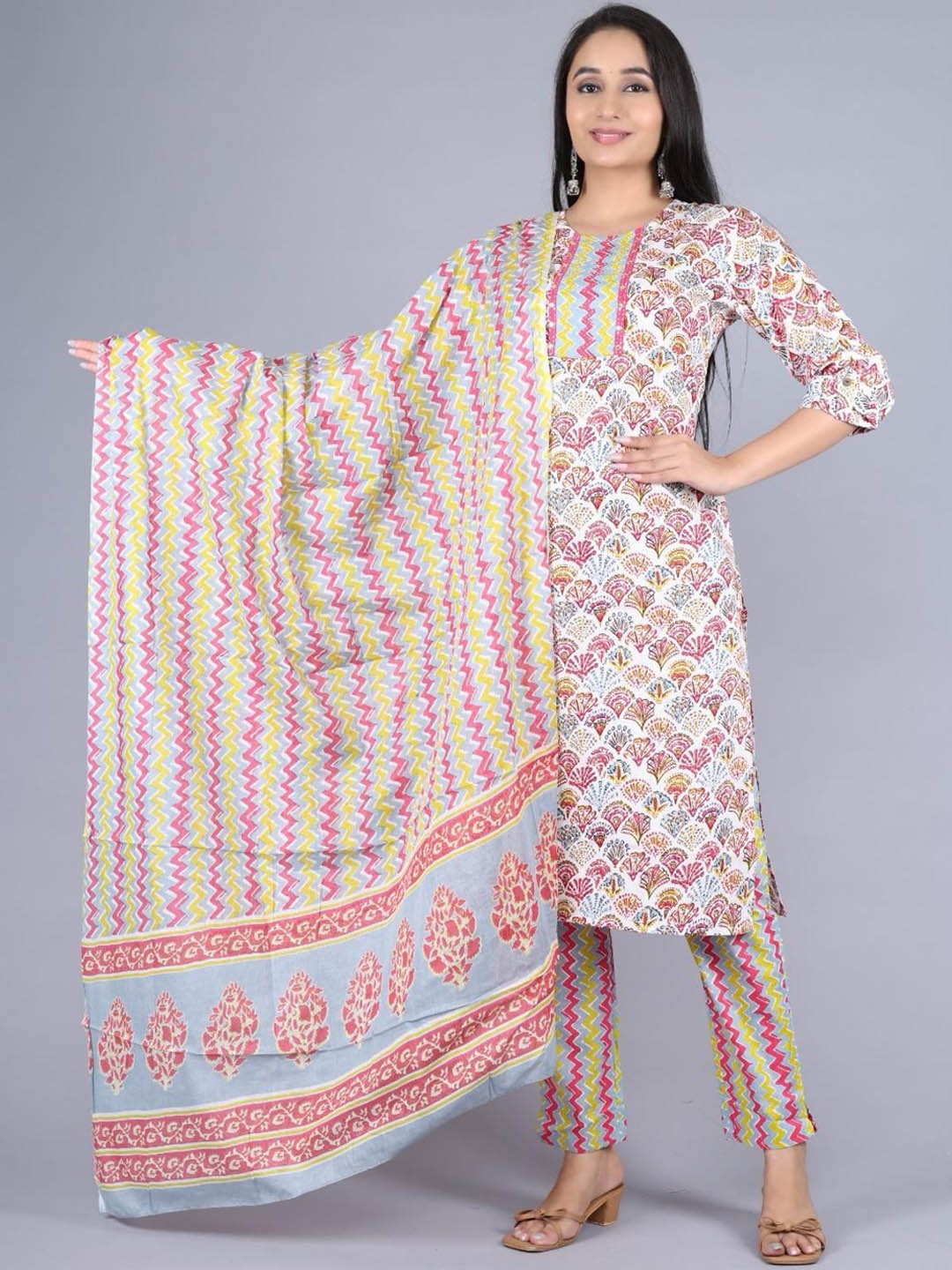 

AADIVAA Women Printed Regular Pure Cotton Kurta with Salwar & With Dupatta, White