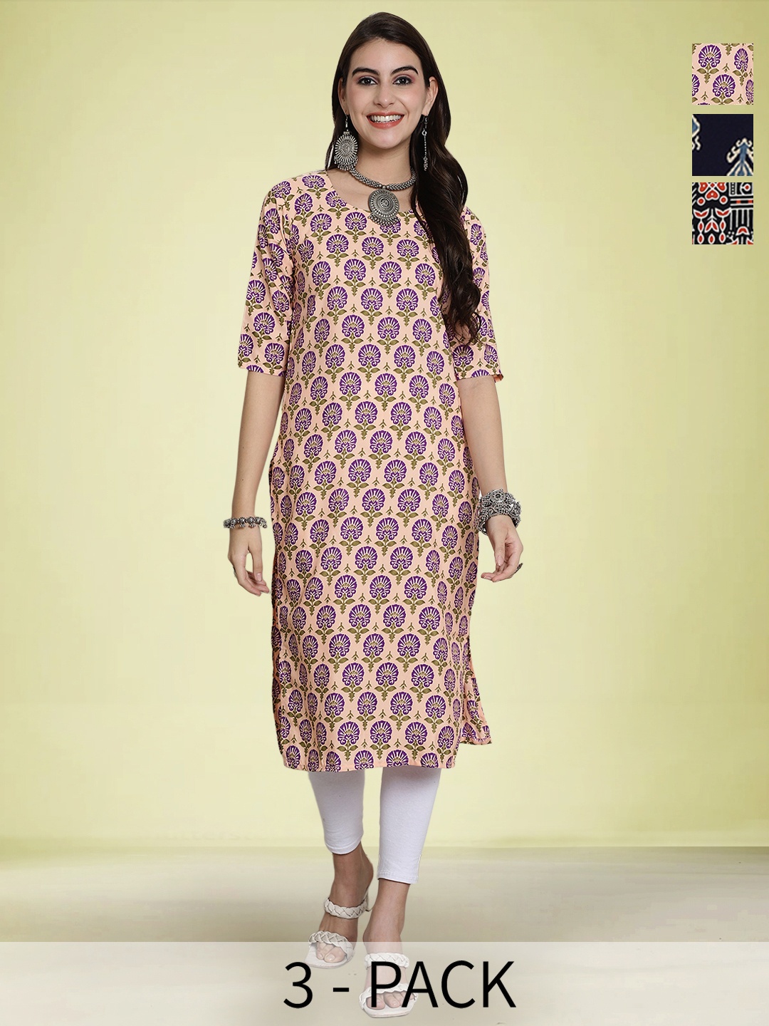 

Moda Rapido Selection Of 3 Ethnic Motifs Printed Round Neck Straight Kurtas, Peach