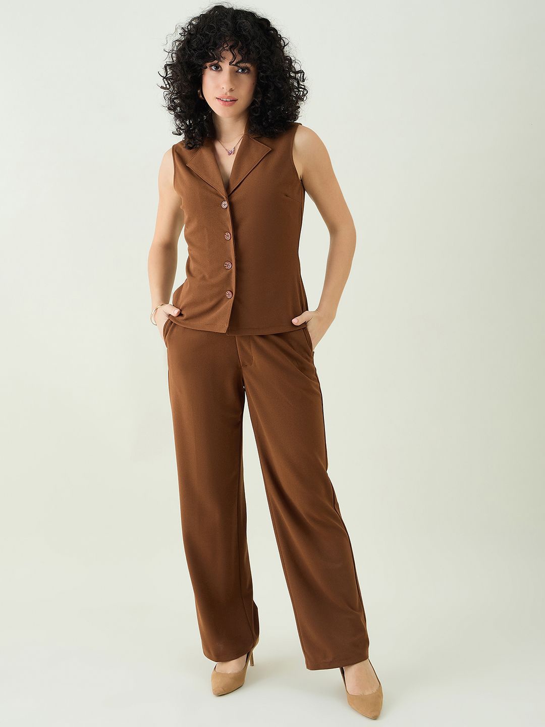 

aayu Shirt Collar Waistcoat With Trousers, Brown