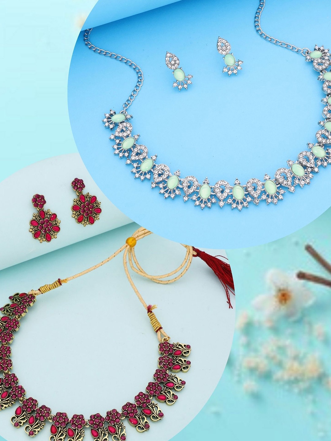 

DIVASTRI Set Of 2 Gold Plated Stone-Studded Jewellery Sets