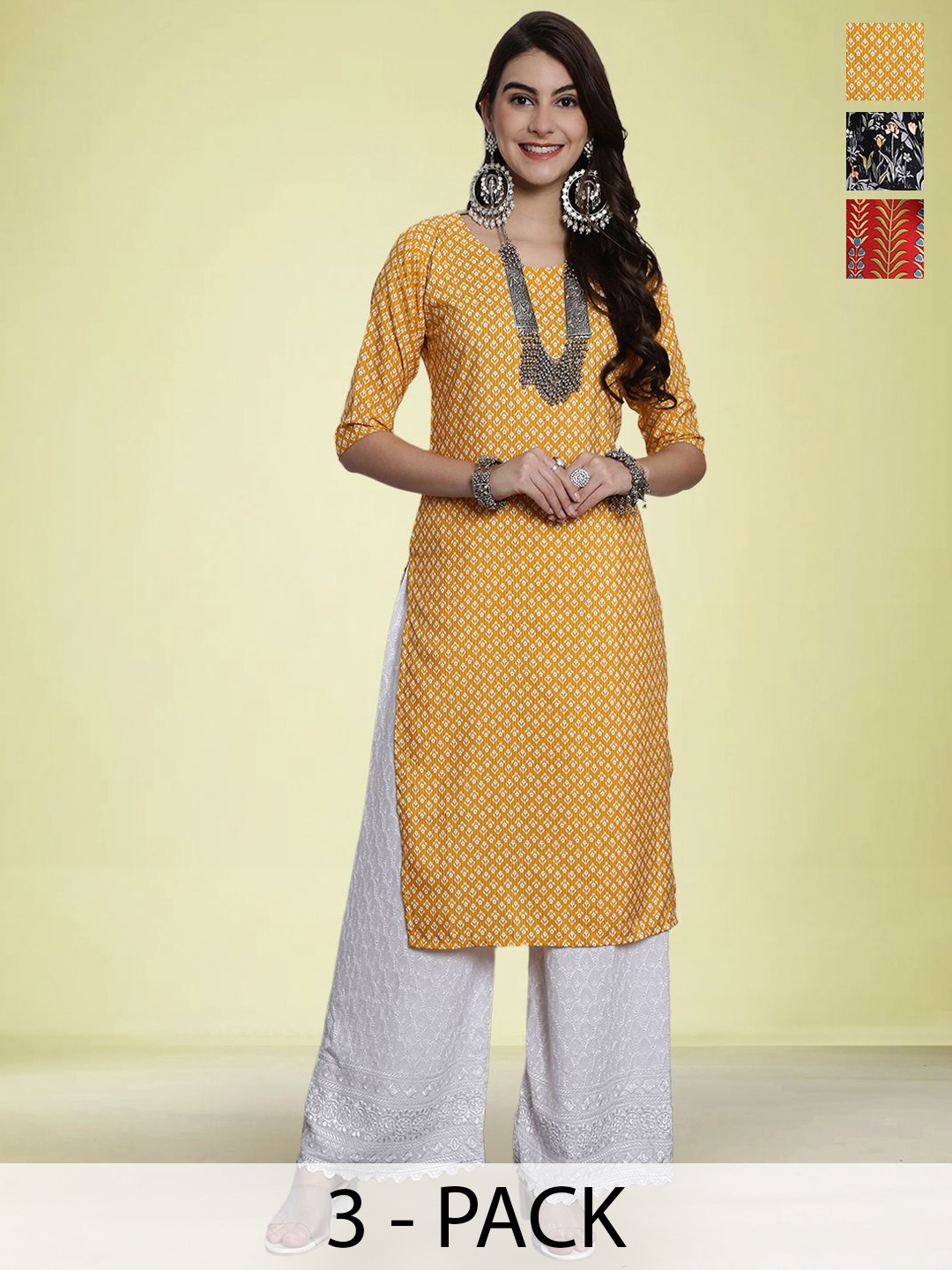 

Moda Rapido Selection Of 3 Floral Printed Round Neck Straight Kurtas, Yellow