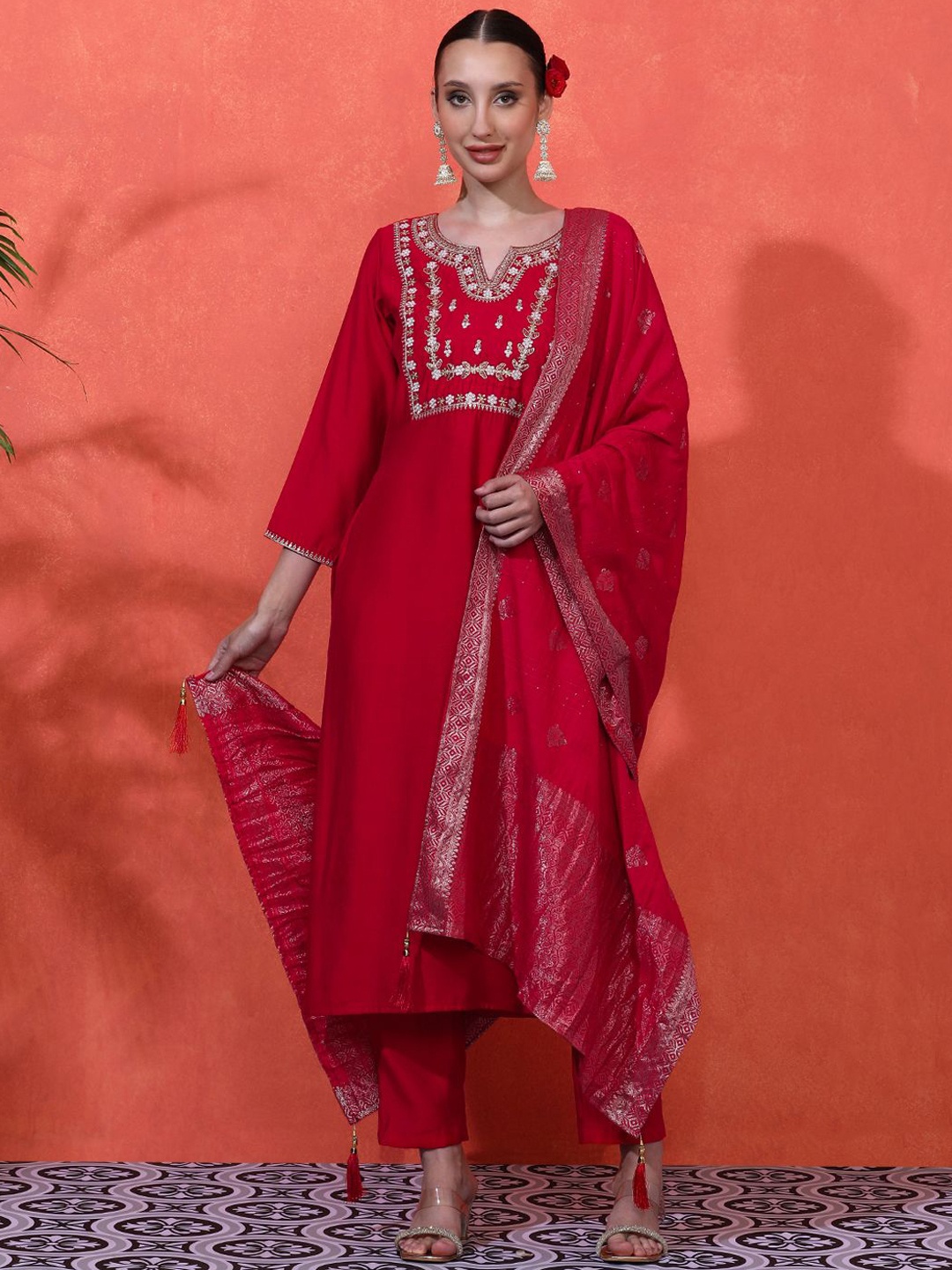 

Sangria Women Embroidered Straight Kurta With Trousers & Dupatta, Red