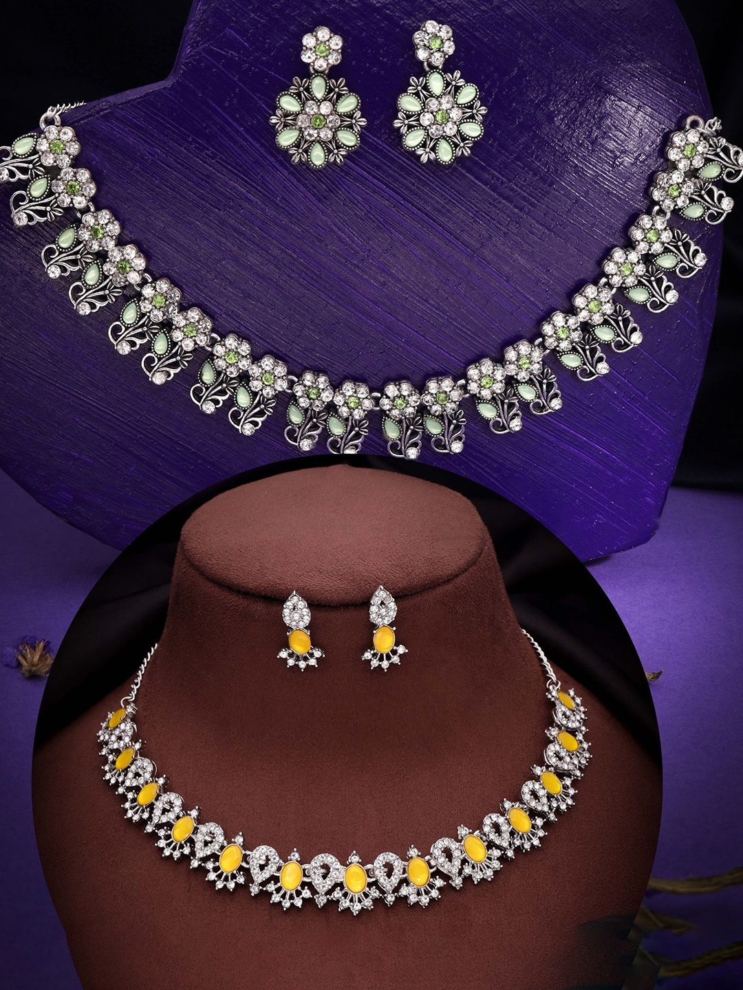 

DIVASTRI Set Of 2 Silver Plated American Diamond Studded Jewellery Sets