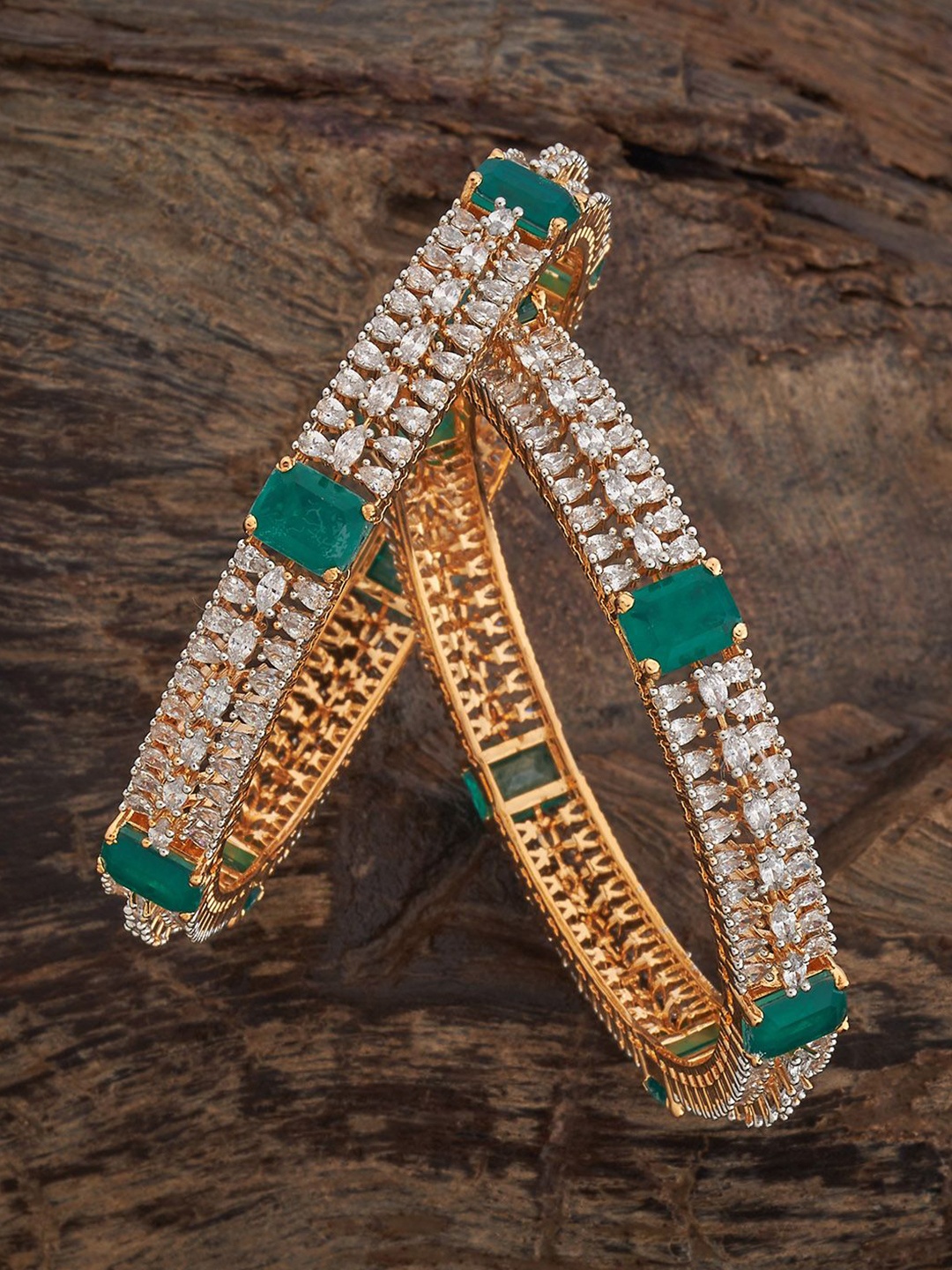 

Kushal's Fashion Jewellery Green Set Of 2 Rhodium Gold-Plated Party Zircon Bangles