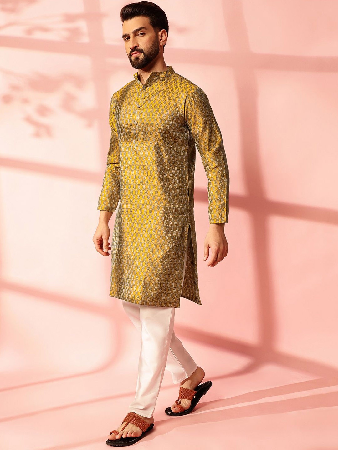

Anouk Ethnic Motifs Woven Design Mandarin Collar Straight Kurta, Mustard