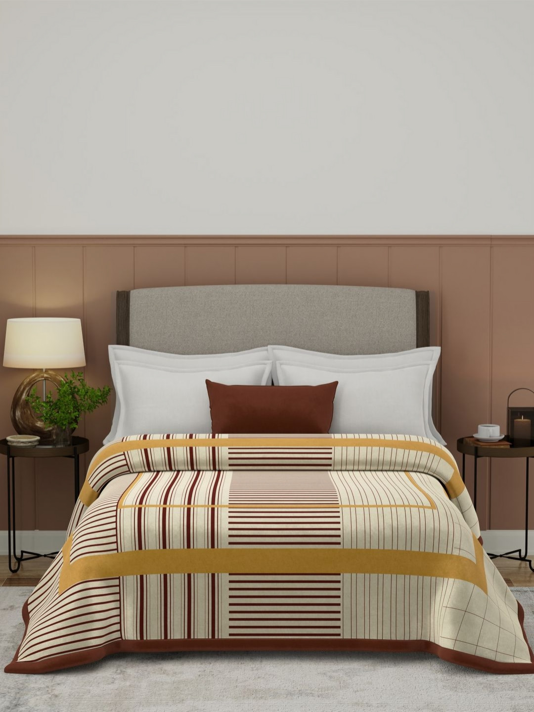 

MYTRIDENT Beige & Yellow Striped Mild Winter 500 GSM Double Bed Blanket