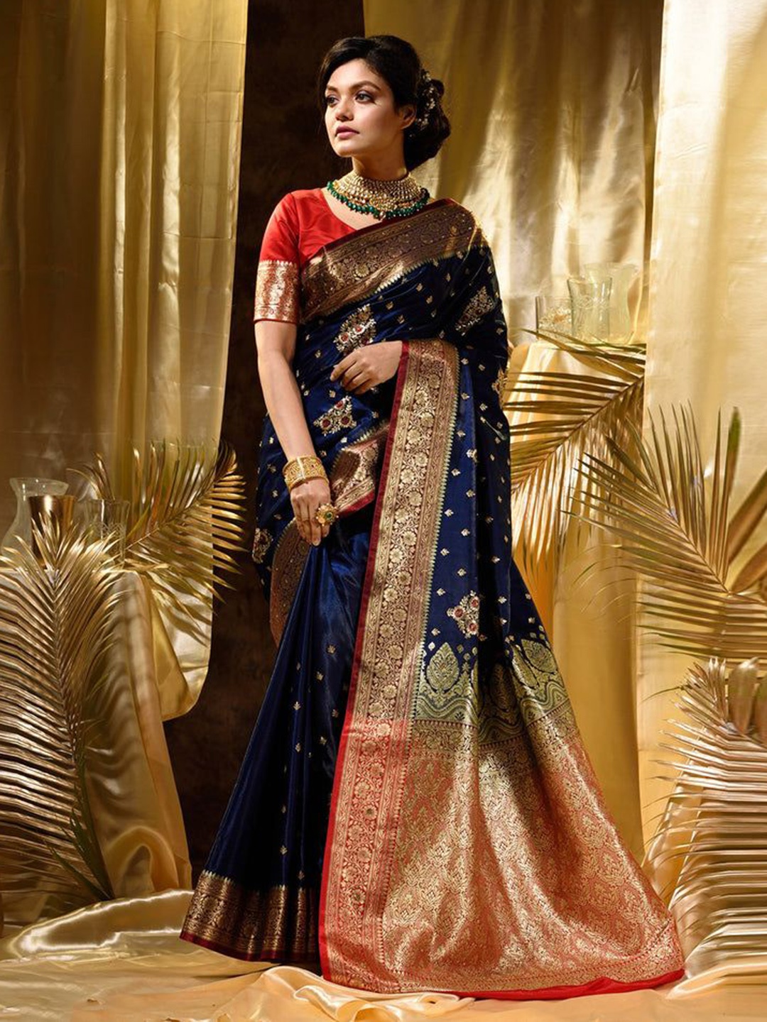 

Rangtulika Ethnics Woven Design Zari Silk Cotton Saree, Navy blue