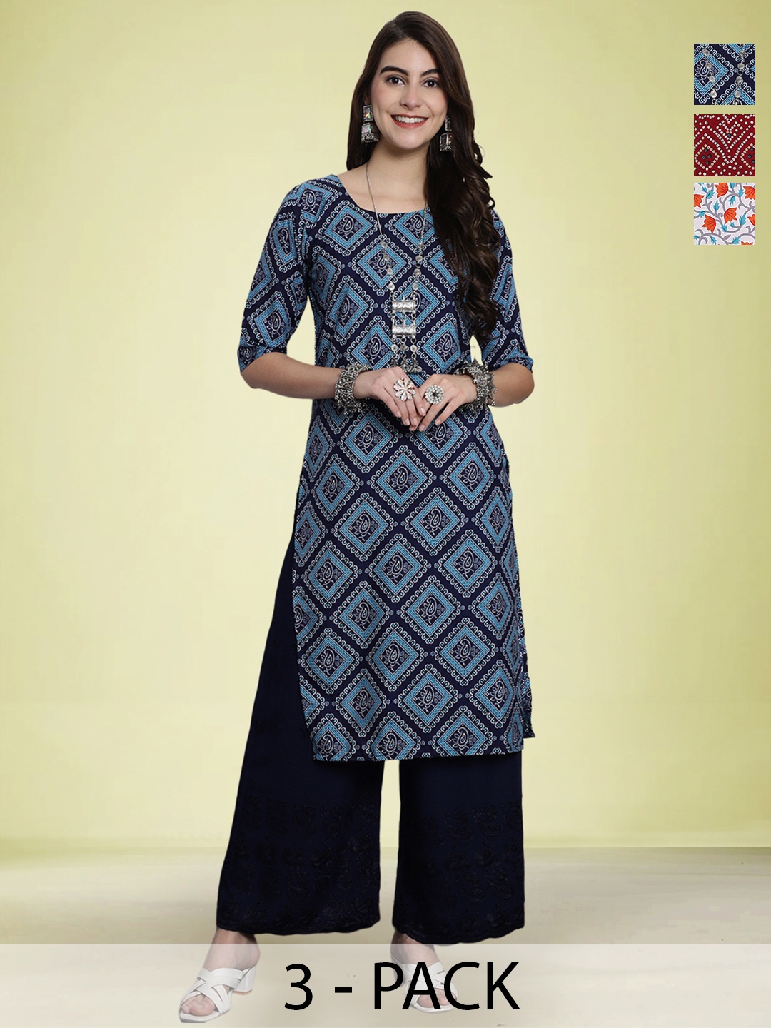 

Moda Rapido Selection Of 3 Geometric Printed Round Neck Straight Kurtas, Navy blue