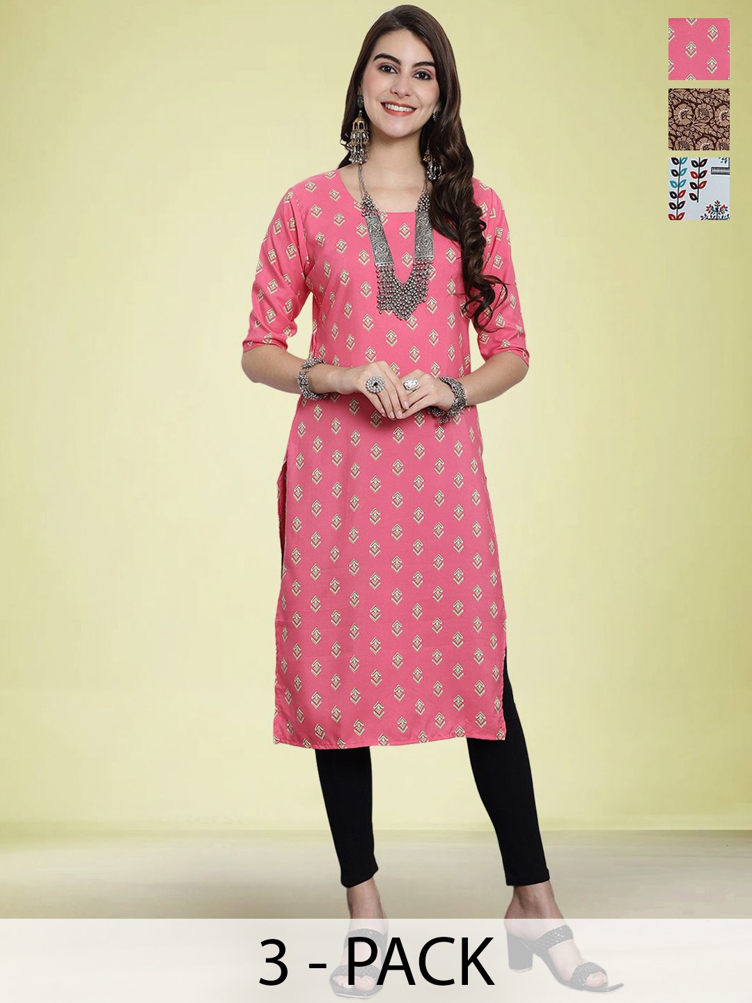 

Moda Rapido Selection Of 3 Floral Printed Round Neck Straight Kurtas, Brown