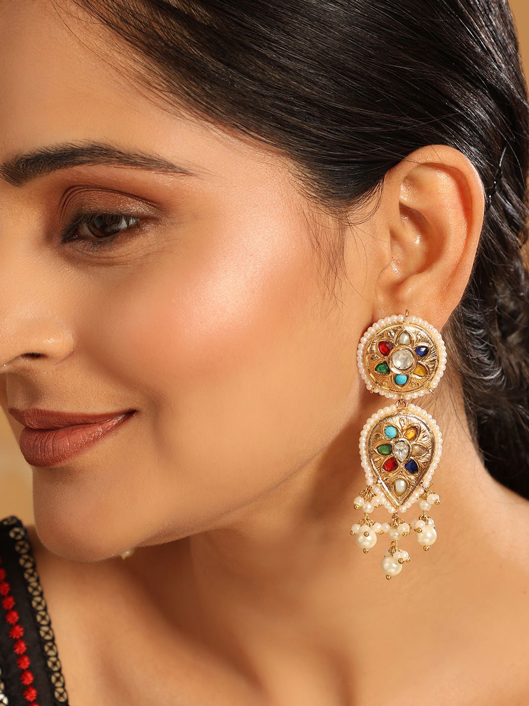 

Yinara 22K Gold Plated Kundan Studded Contemporary Shaped Drop Earrings