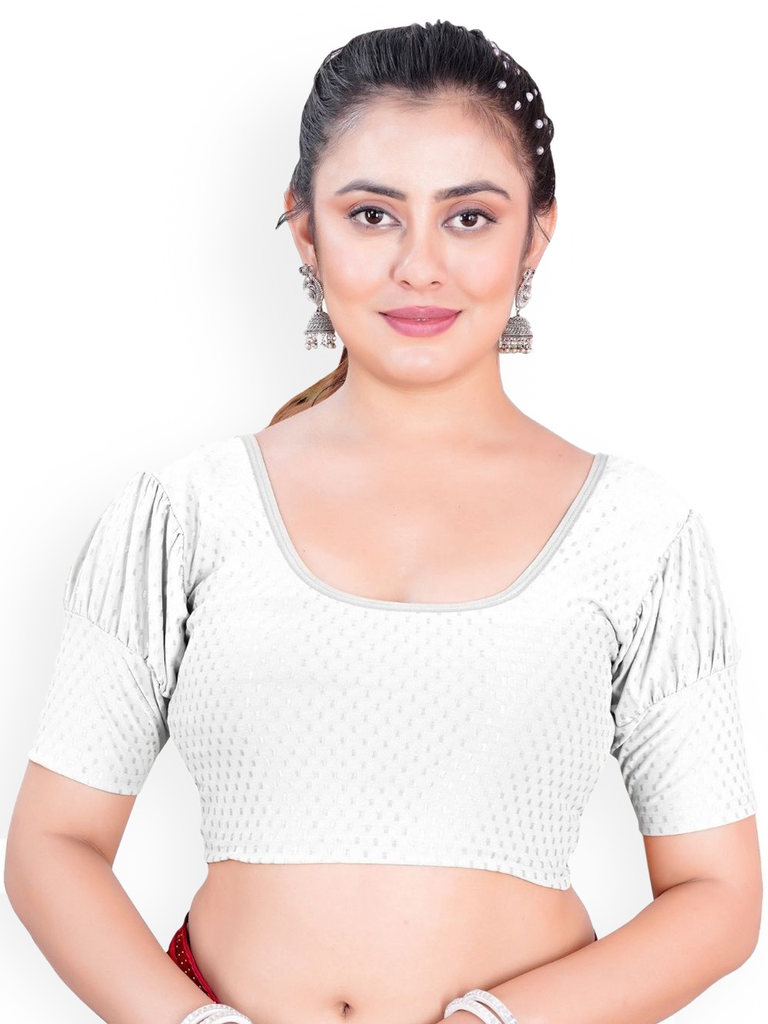 

SS Sanket Synthetics Dobby Textured Stretchable Balloon Saree Blouse, White