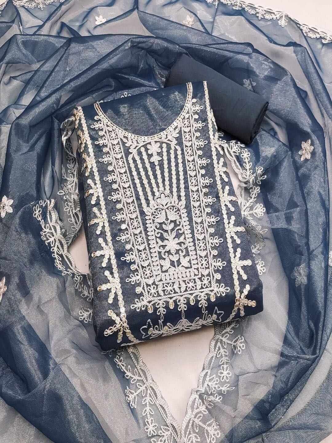 

REALLTREND Floral Embroidered Organza Unstitched Dress Material, Navy blue
