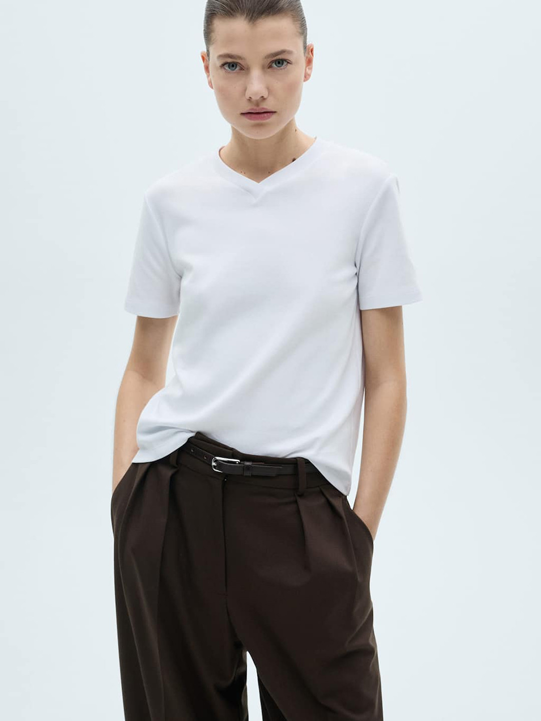 

MANGO Women V-Neck Pure Cotton T-shirt, White