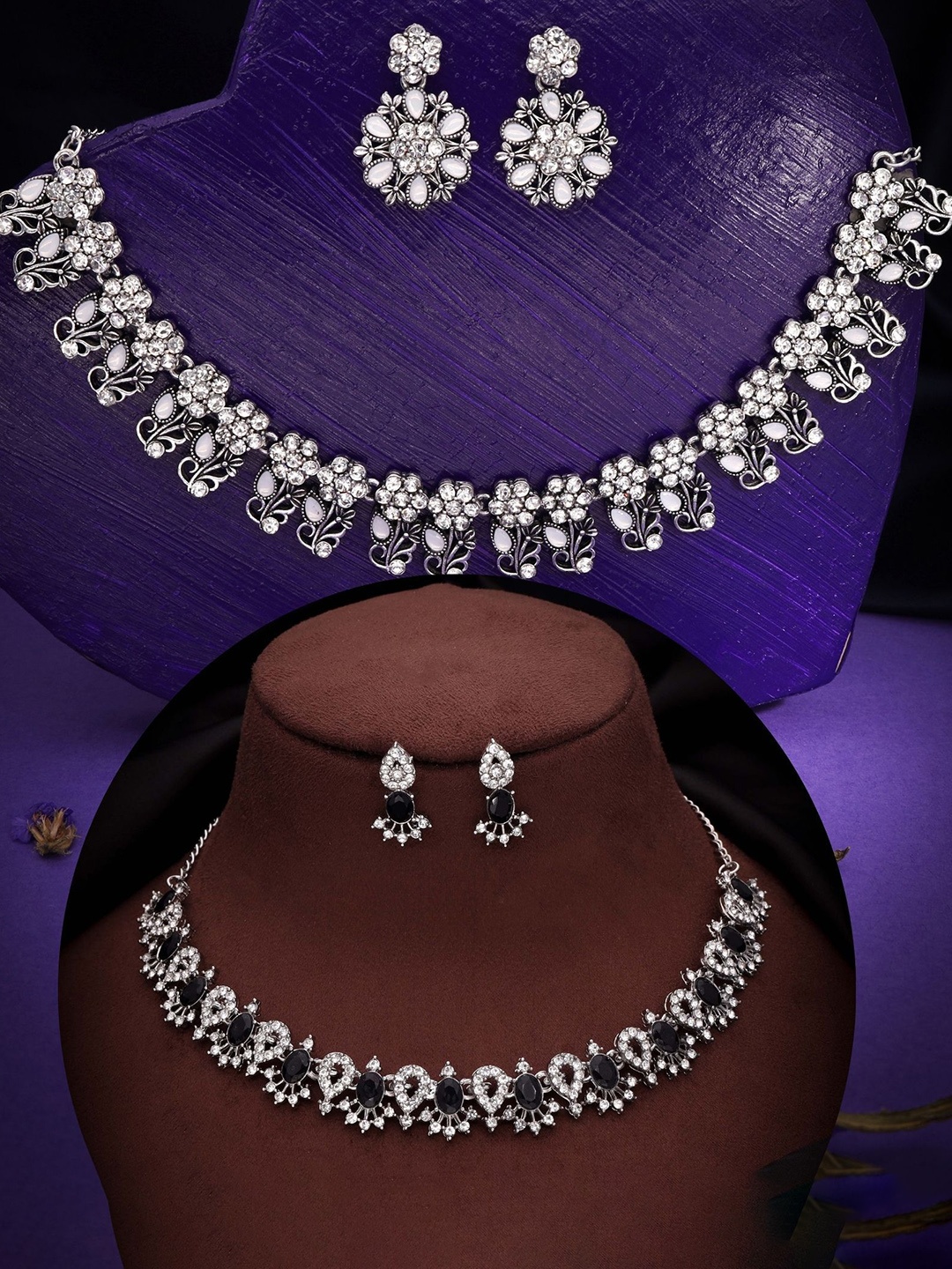 

DIVASTRI Set Of 2 Silver-Plated American Diamond-Studded Jewellery Sets