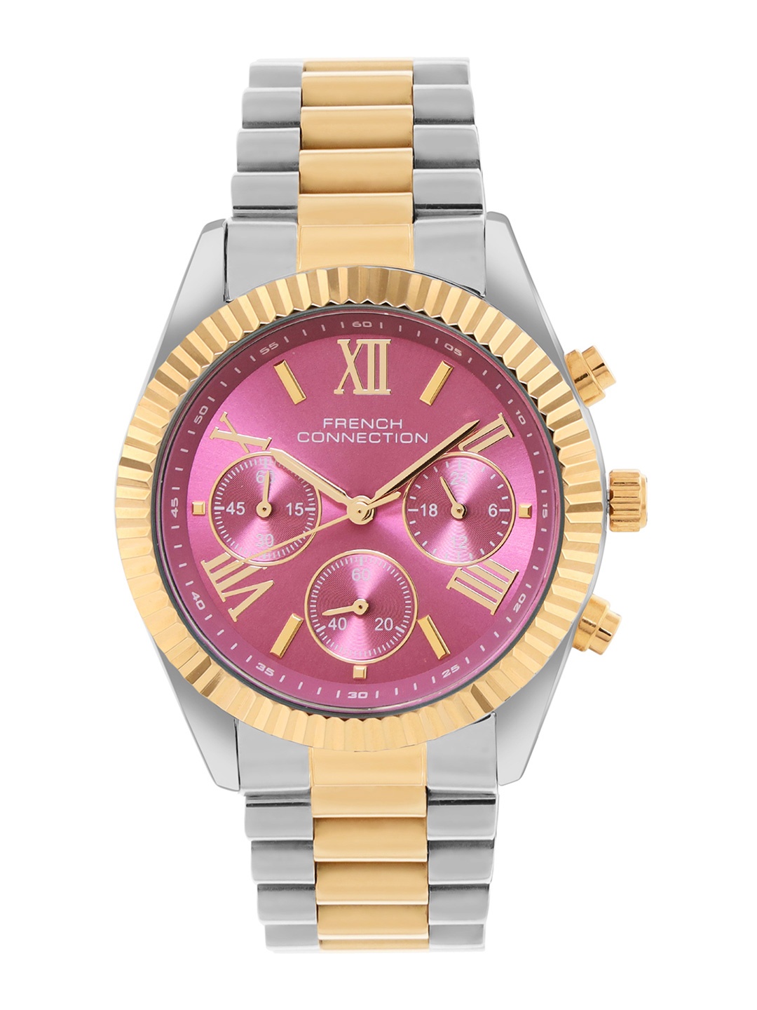 

French Connection Women Dial & Stainless Steel Bracelet Style Straps Analogue Chronograph Watch FCM06TM, Pink