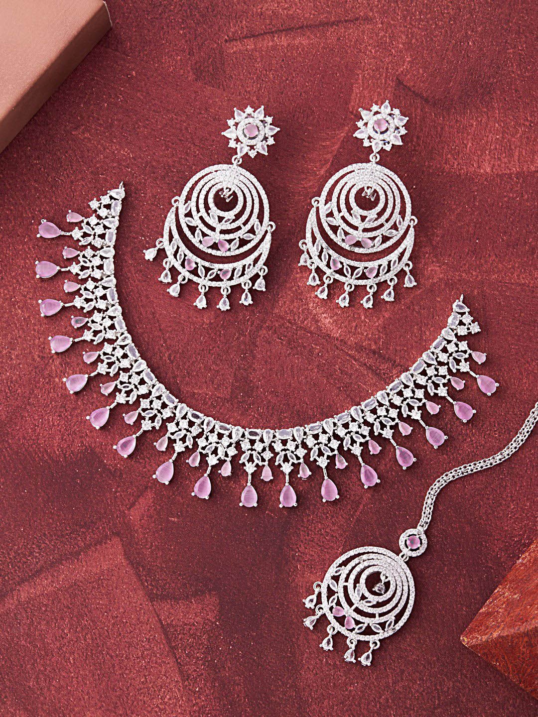 

Feelwhiz Silver-Plated American Diamond-Studded Necklace Abd Earrings With Maang Tika