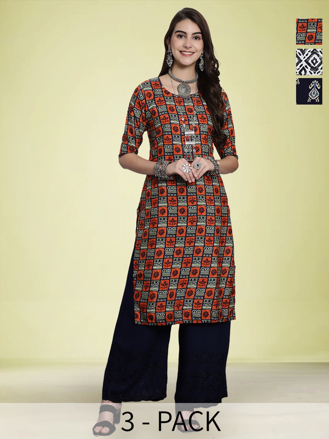 

Moda Rapido Selection Of 3 Geometric Printed Round Neck Straight Kurtas, Orange