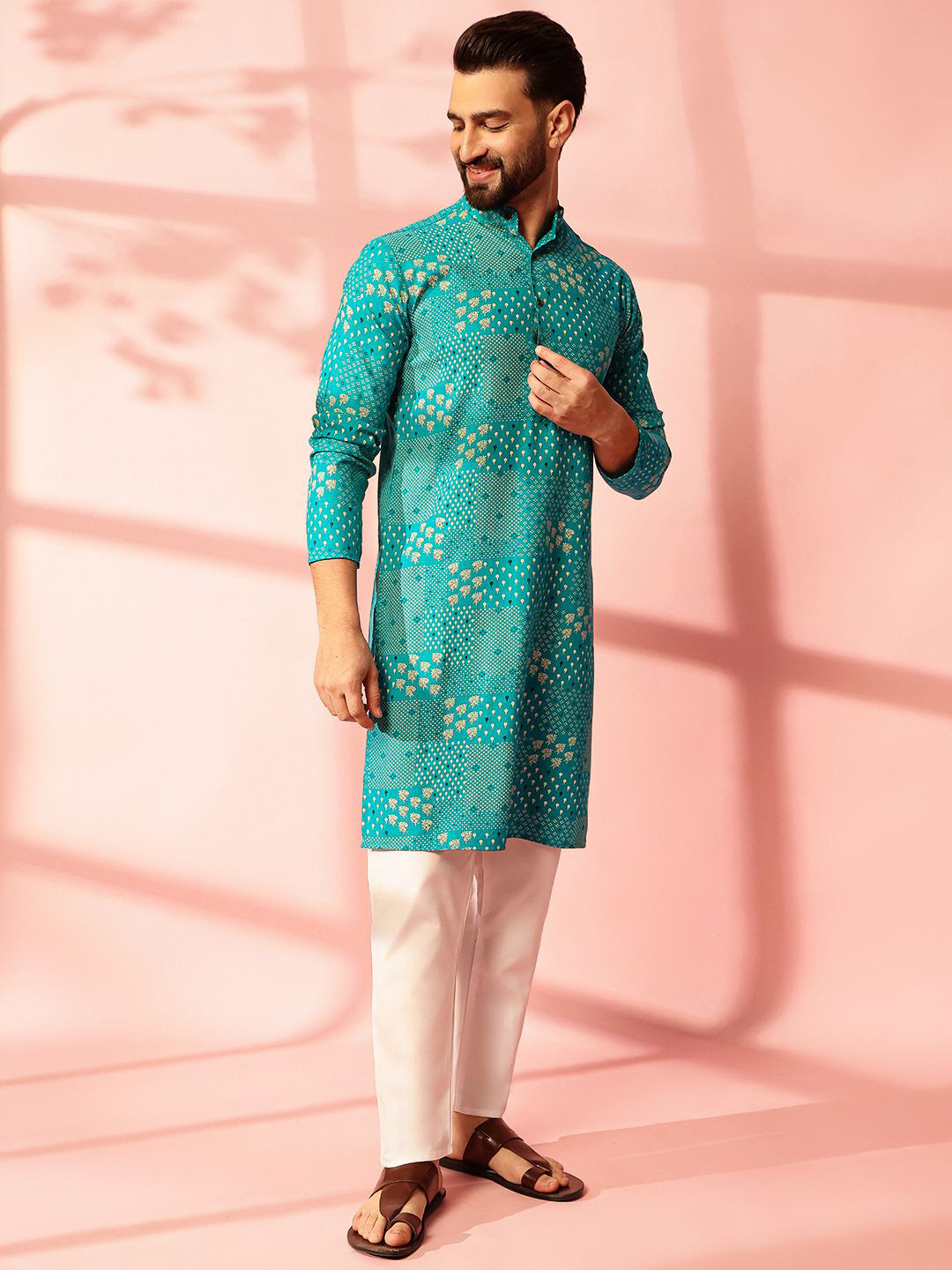 

Anouk Floral Printed Band Collar Cotton Linen Straight Kurta, Blue