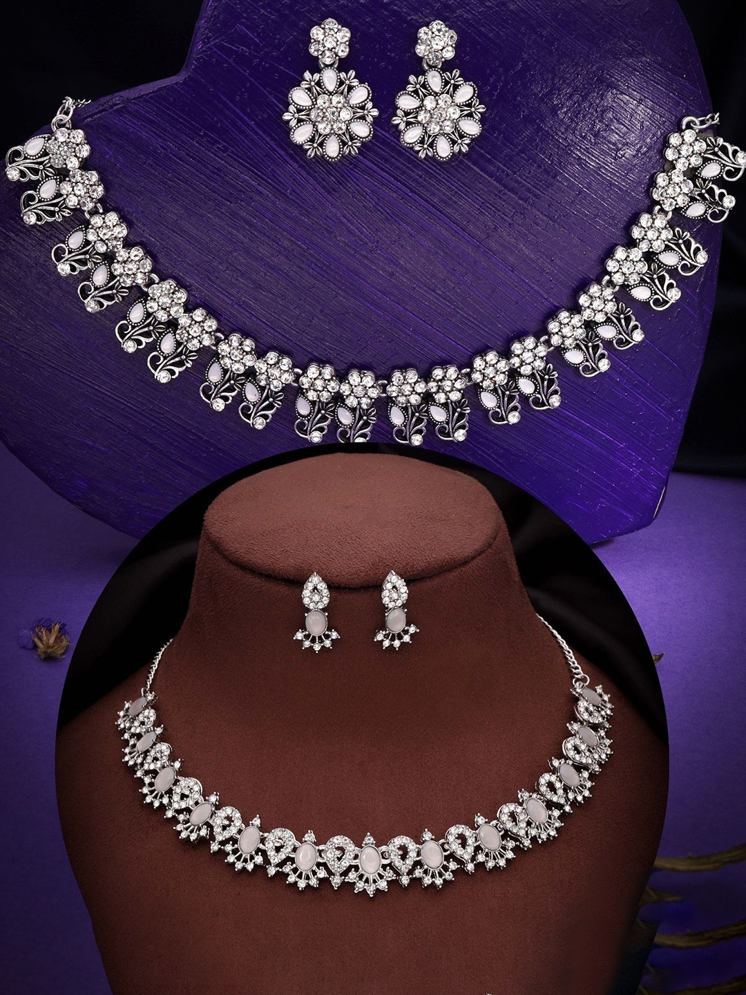 

DIVASTRI Set Of 2 Silver-Plated American Diamond Studded Jewellery Set
