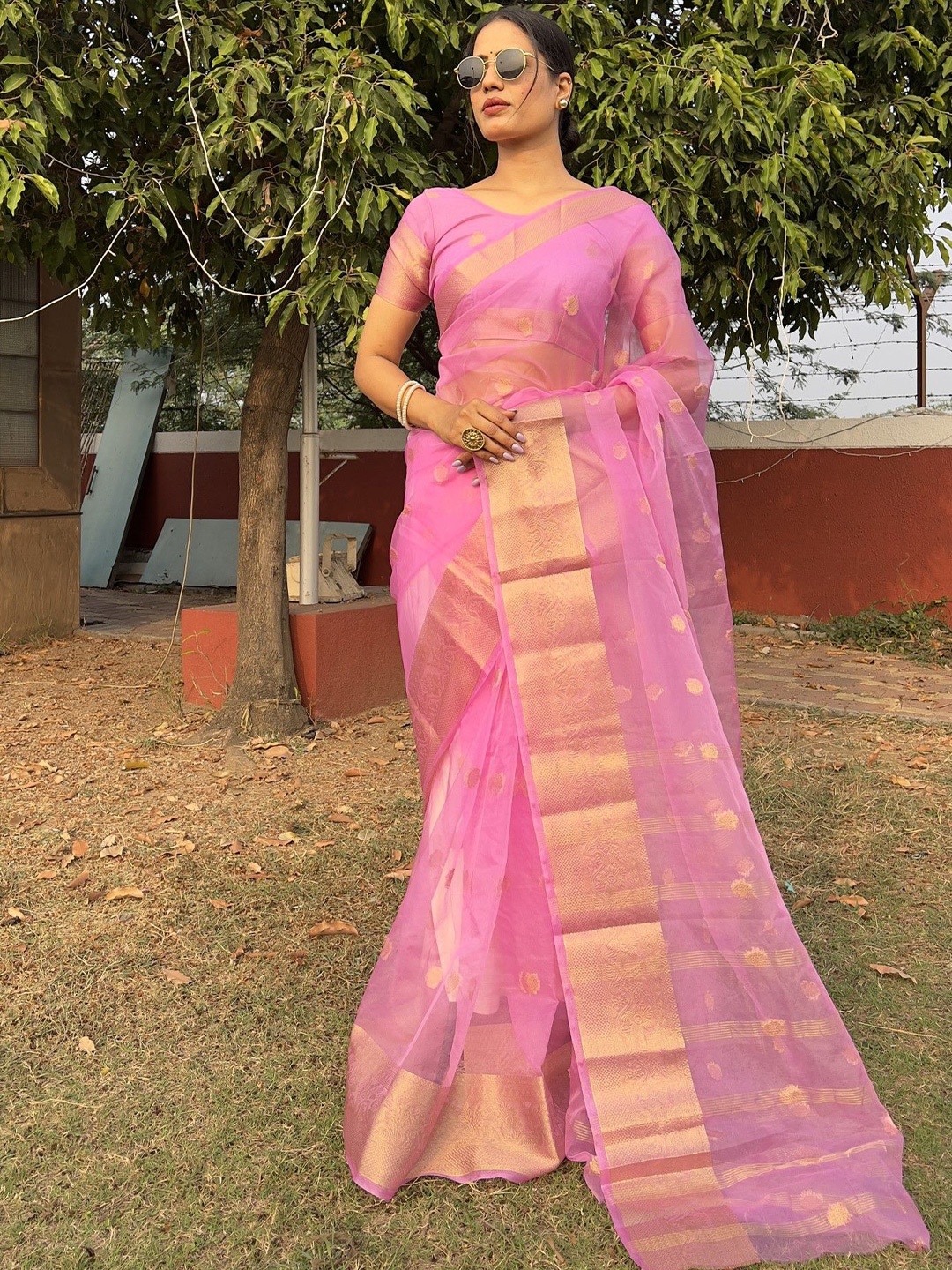 

Rangtulika Ethnics Woven Design Zari Organza Saree, Pink