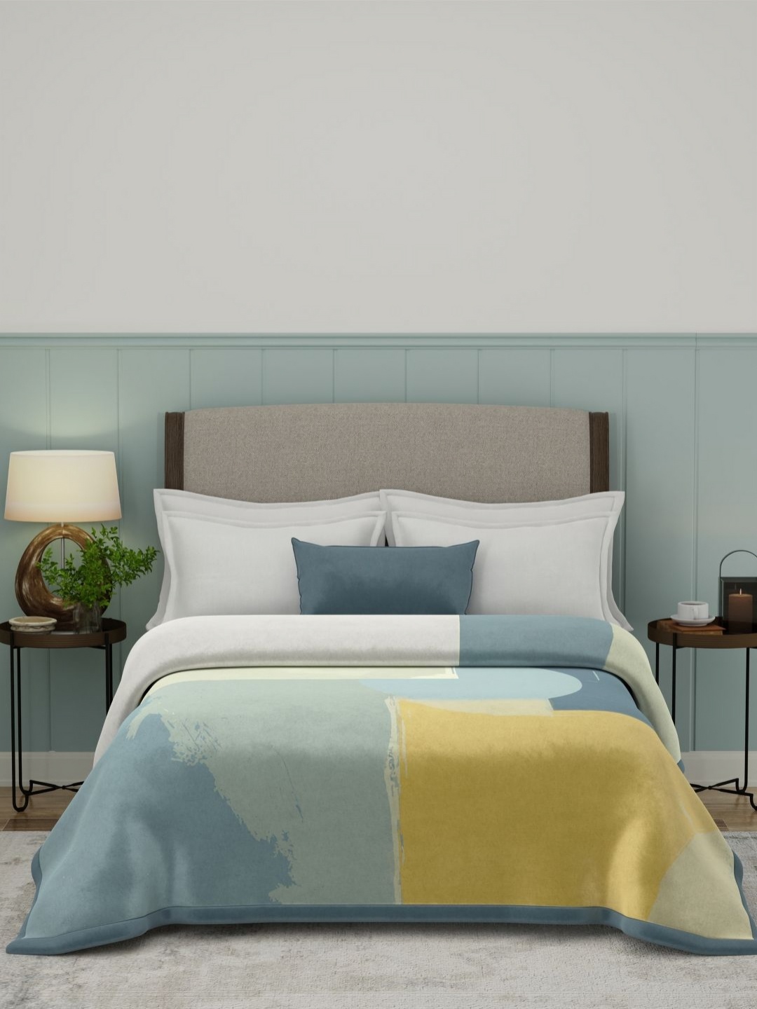 

MYTRIDENT Blue & Yellow Striped Mild Winter 500 GSM Double Bed Blanket