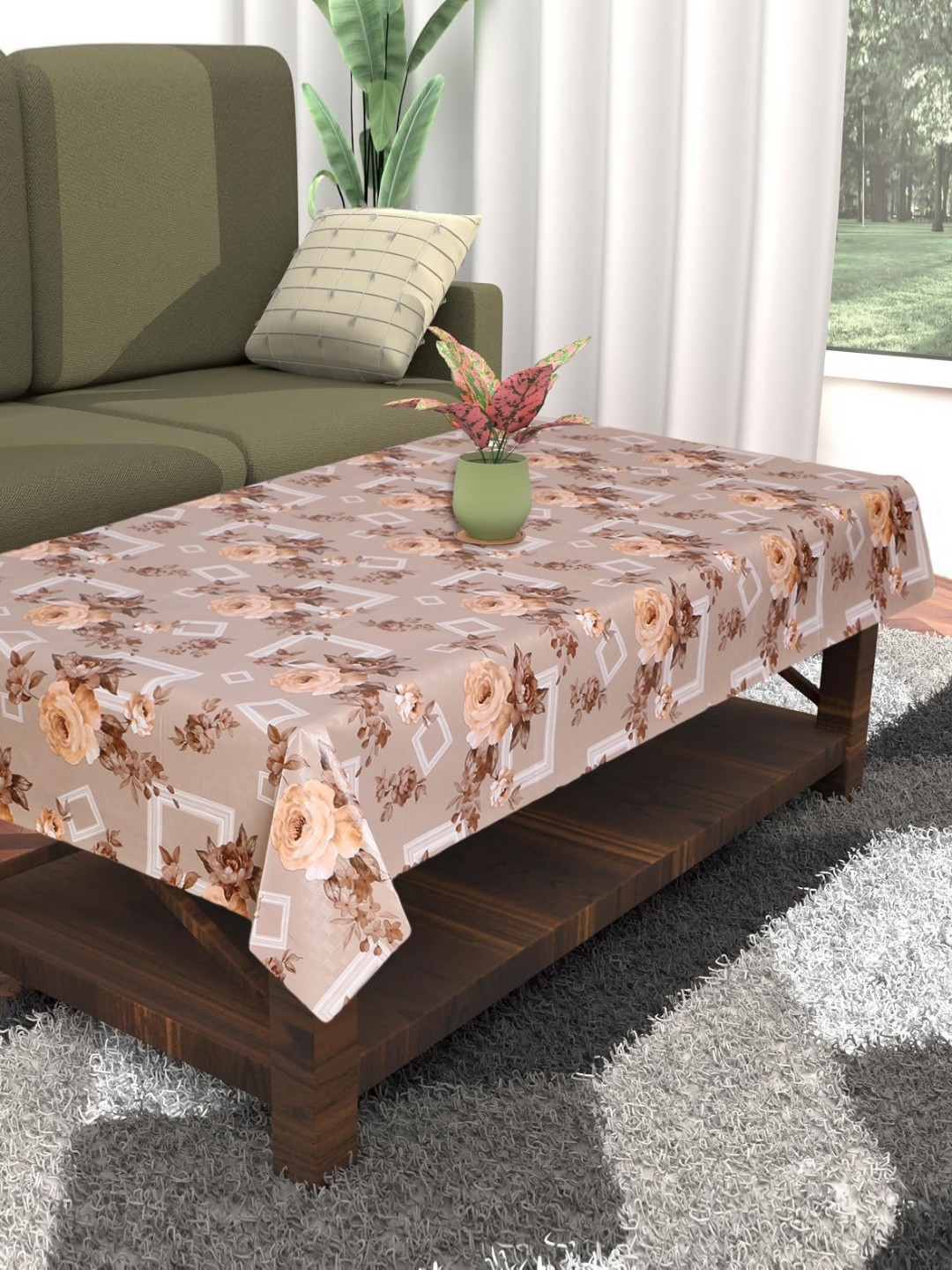 

Dakshya Industries Beige Floral Waterproof Plastic 4-Seater Table Cover