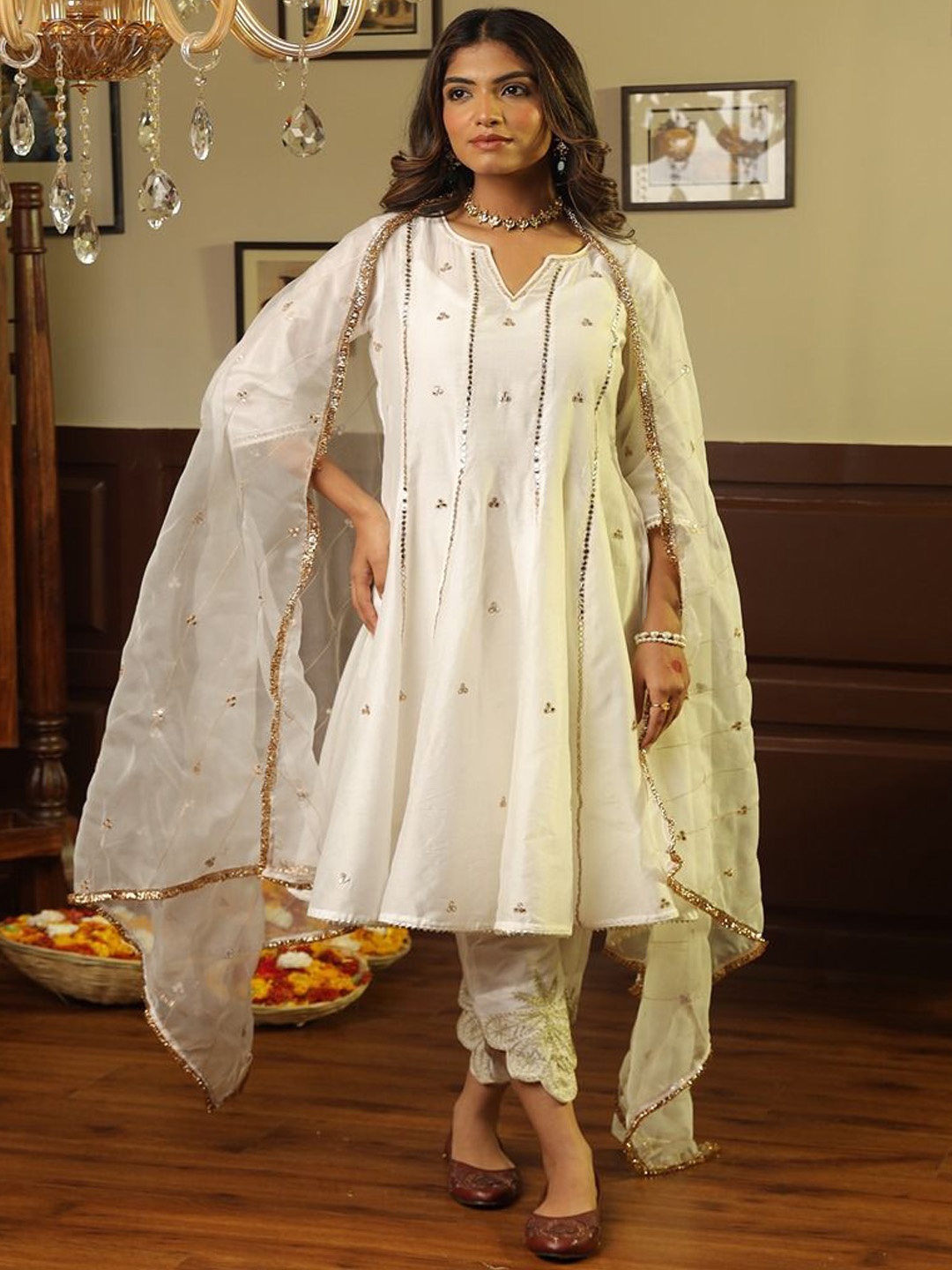 

ASRUMO Women Embroidered Regular Chanderi Silk Kurta with Trousers & With Dupatta, White