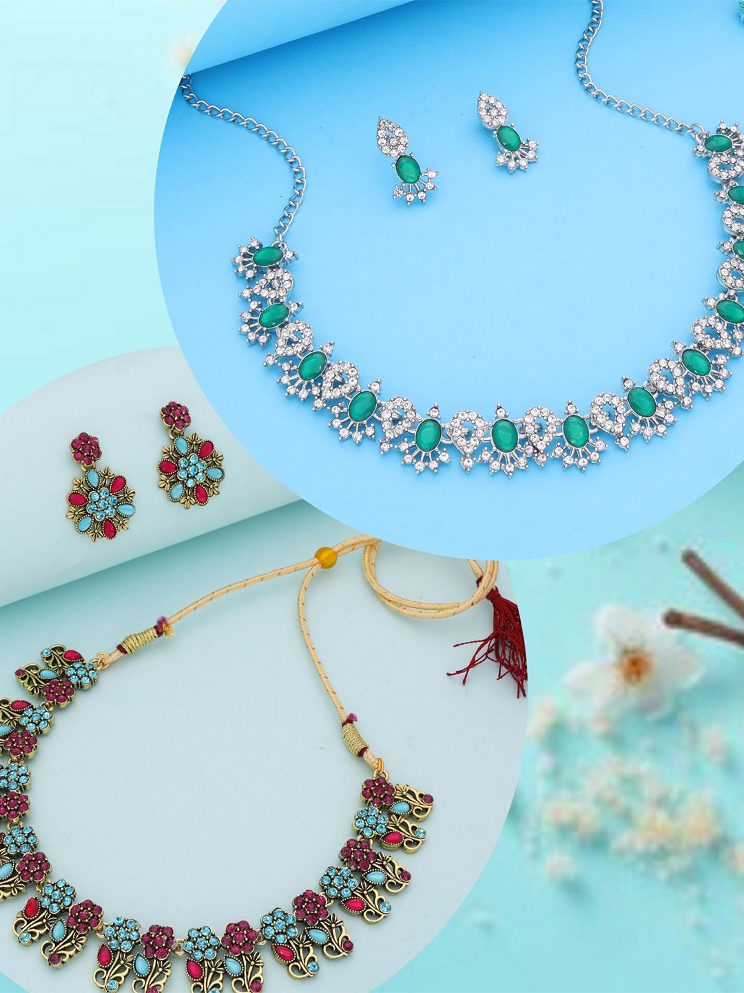 

DIVASTRI Set Of 2 Gold-Plated American Diamond-Studded Jewellery Set