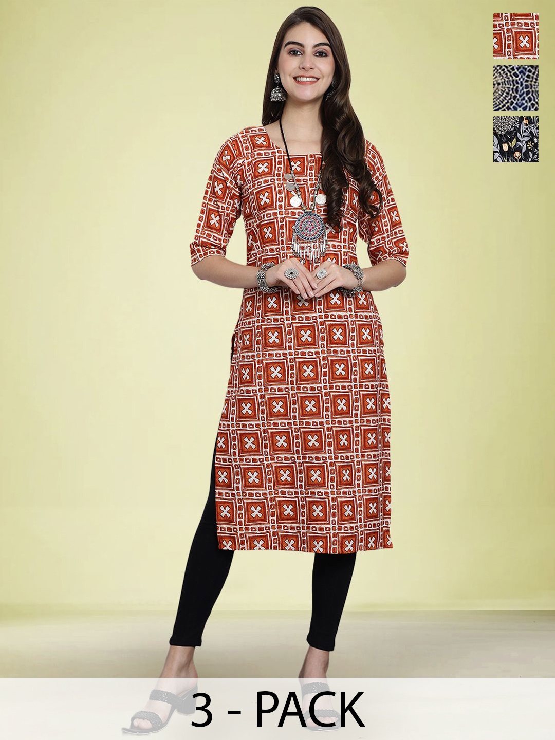 

Moda Rapido Selection Of 3 Floral Printed Round Neck Straight Kurtas, Black