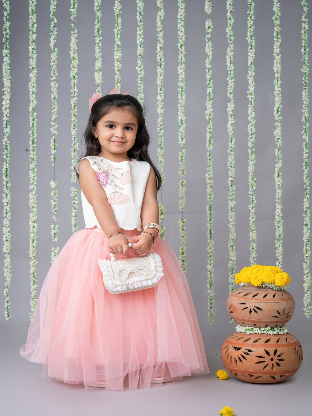 

LABEL NEETI Girls Embroidered Beads And Stones Ready to Wear Top With Skirt, Pink
