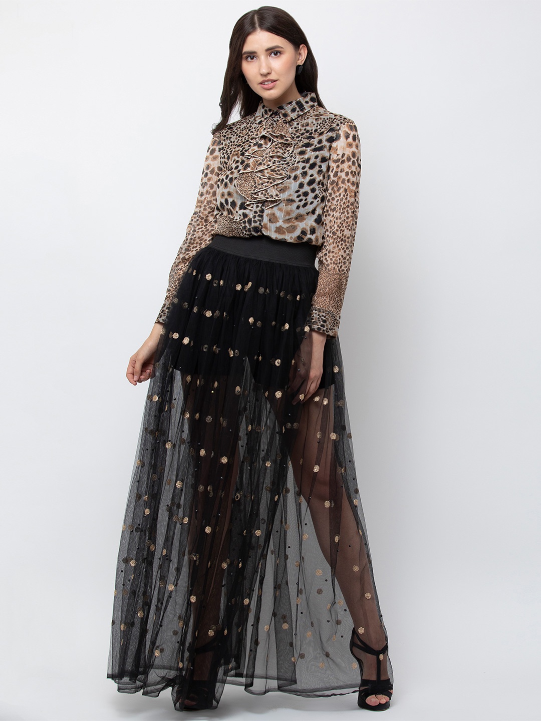 

MISS HAUTE Embellished Flared Maxi Skirt, Black