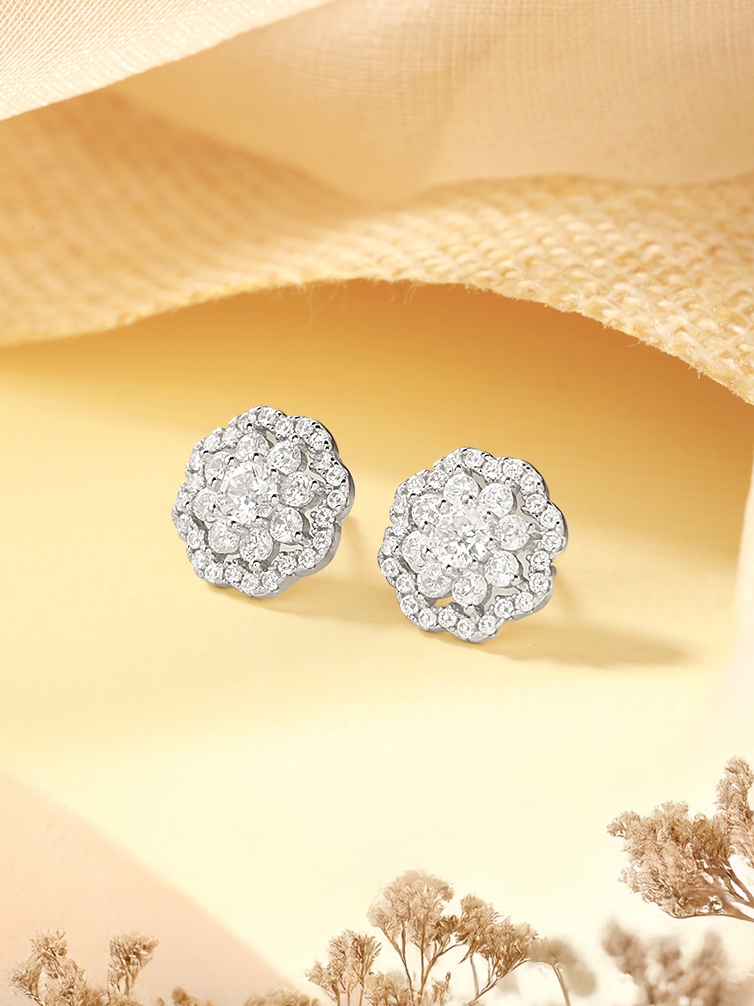 

SARAF SILVERETZ 925 Sterling Silver-Plated Zircon Studded Floral Shaped Studs