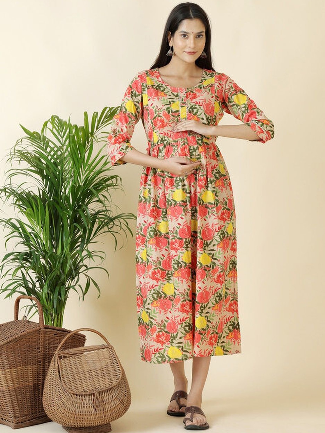 

Moda Rapido Floral Printed Maternity Feeding Dress With Zipper, Multi