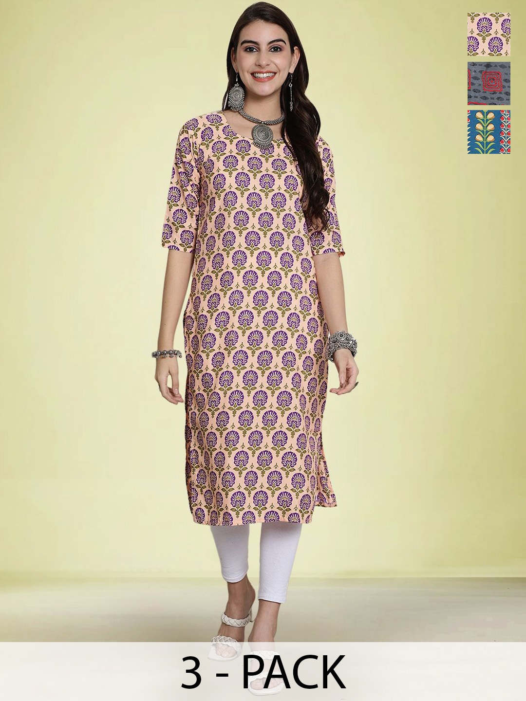 

Moda Rapido Selection Of 3 Floral Printed Round Neck Straight Kurtas, Peach