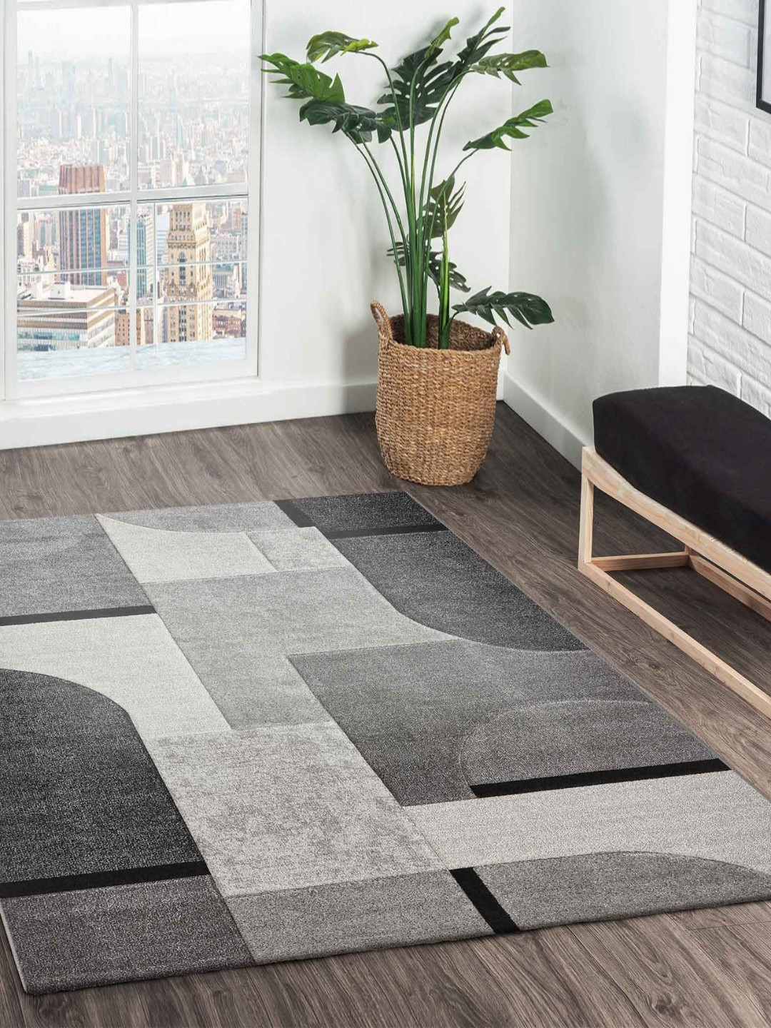 

OBSESSIONS Grey Geometric Anti-Skid Polypropylene Carpet