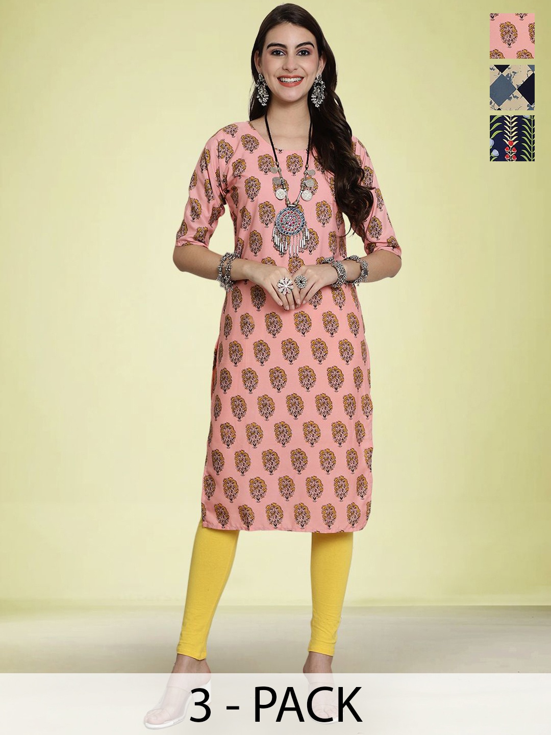 

Moda Rapido Selection Of 3 Floral Printed Round Neck Straight Kurtas, Peach