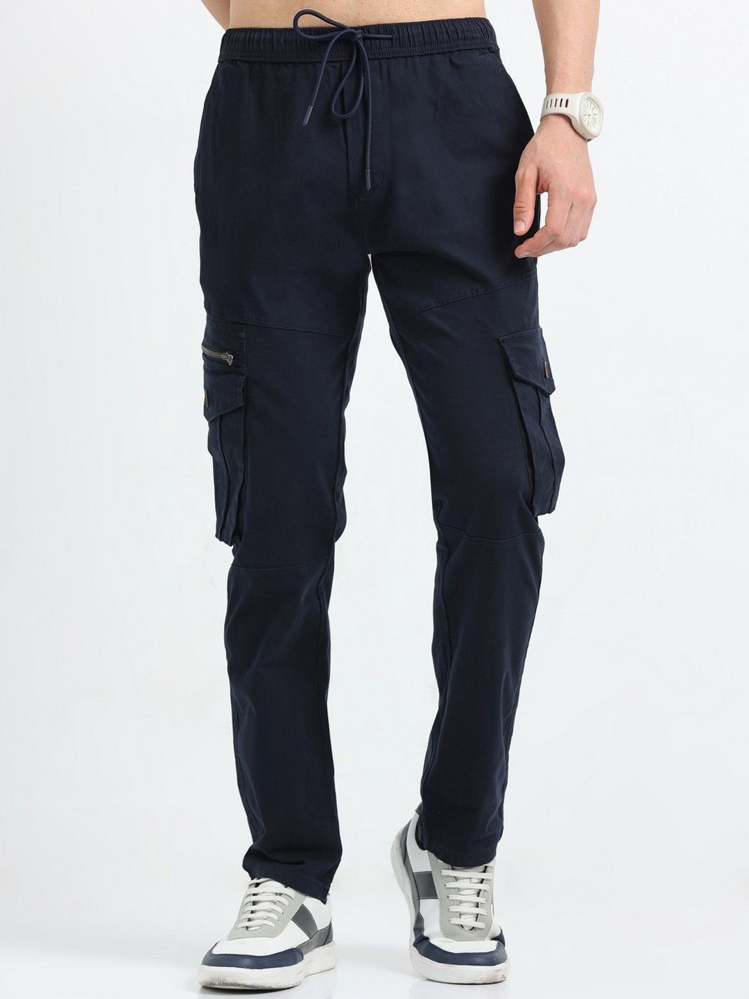 

THE BEETEL HOUSE Men Relaxed Zipper Utility Cargos Trousers, Navy blue