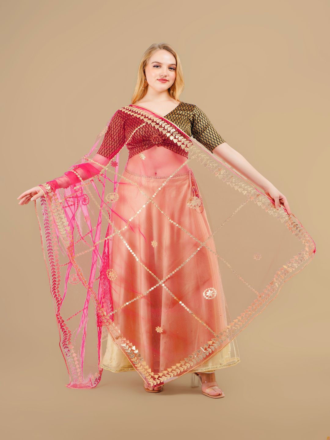 

Karthav Fashion Floral Embroidered Gotta Patti Net Dupatta, Pink