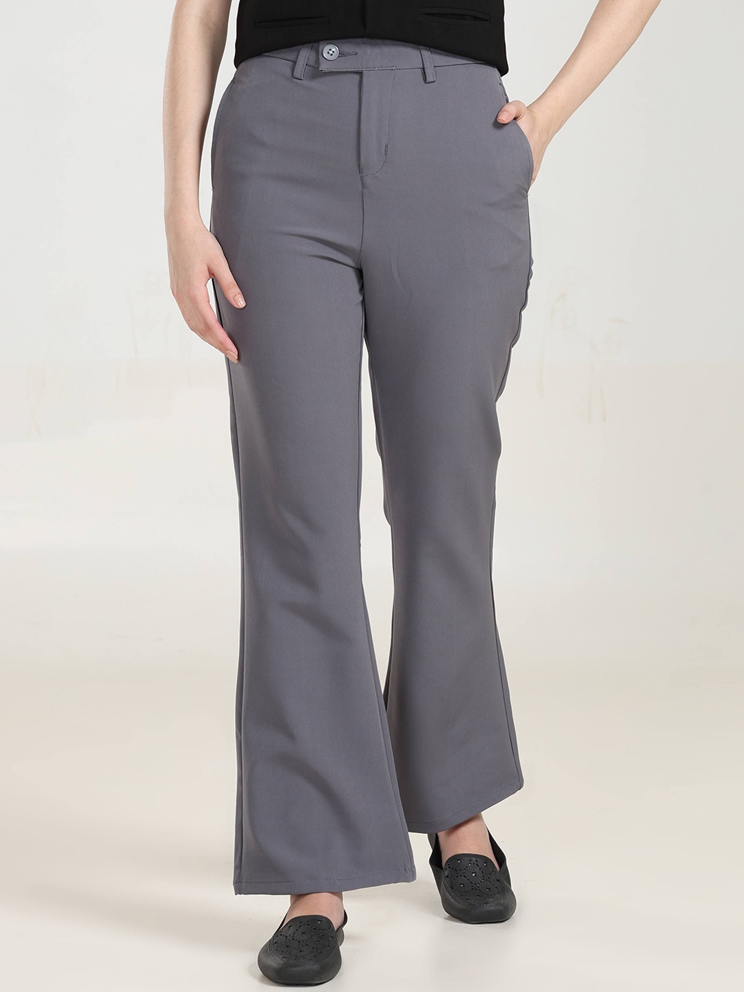 

URBAN POCHE Women Relaxed Flared High-Rise Trousers, Grey melange