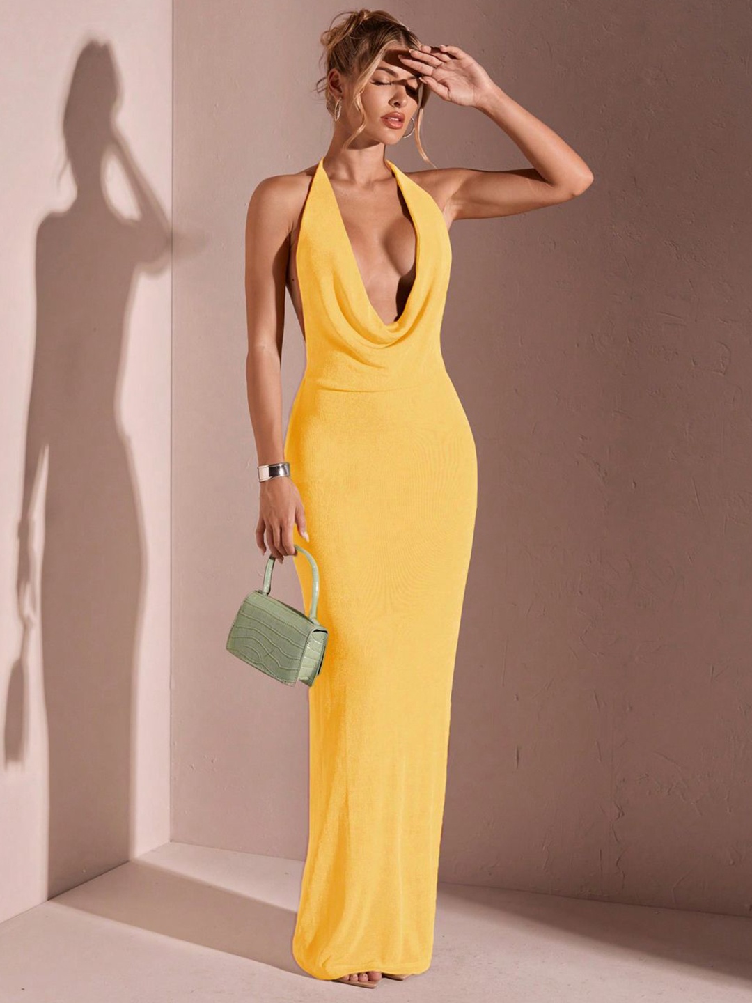 

CLAFOUTIS Cowl Neck Crepe A-Line Maxi Dress, Yellow