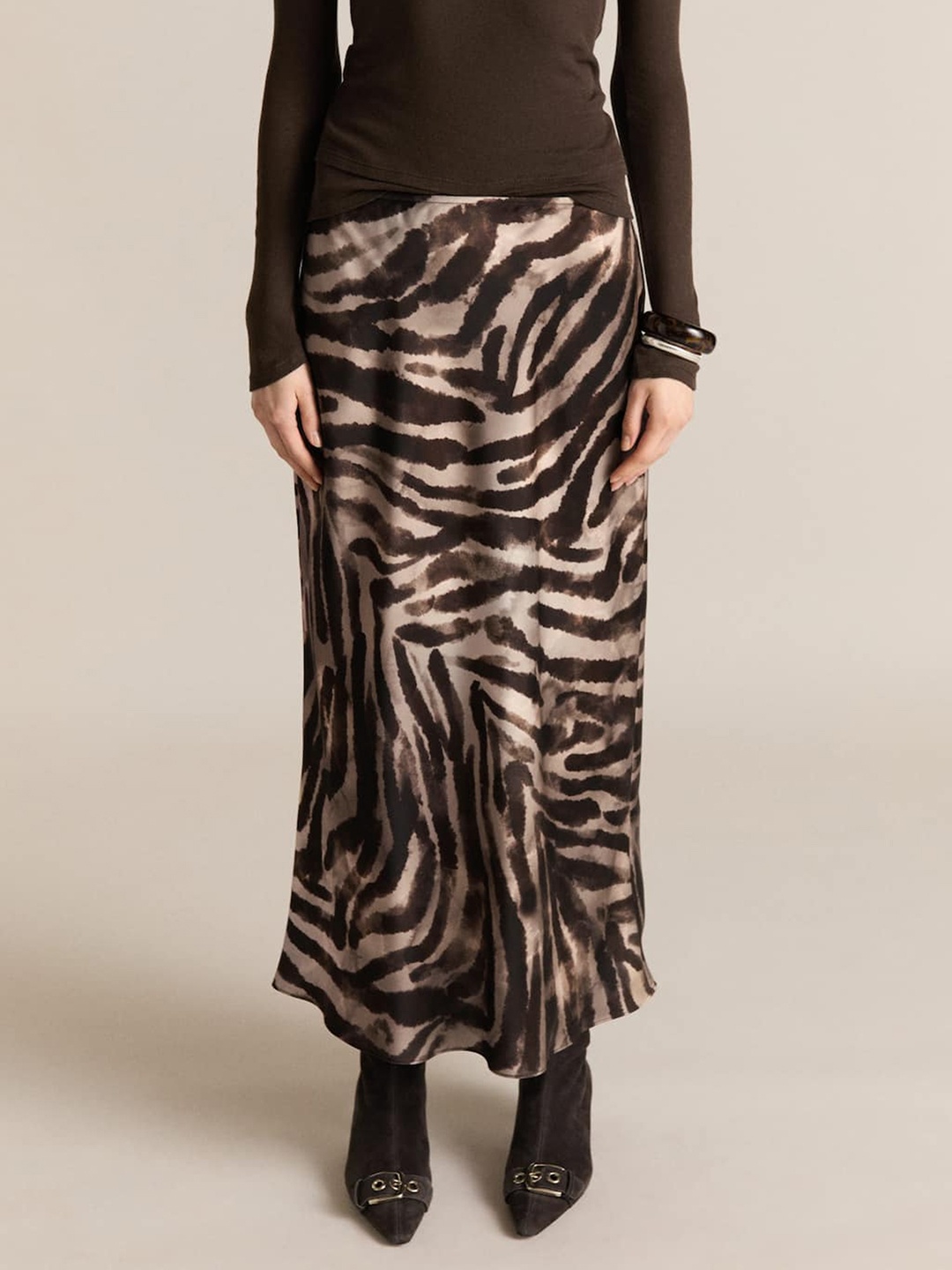 

MANGO Animal Print Satin Maxi Skirt, Brown