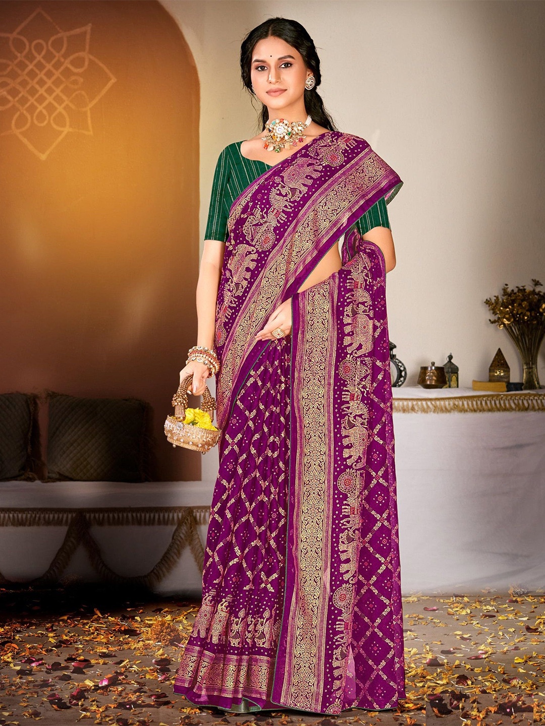 

Reboot Fashions Embellished Silk Blend Handloom Bhagalpuri Saree, Purple