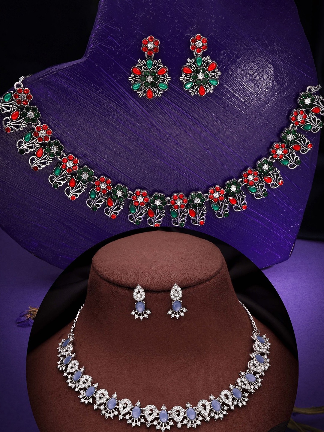 

DIVASTRI Set Of 2 Silver-Plated American Diamond-Studded Jewellery Set