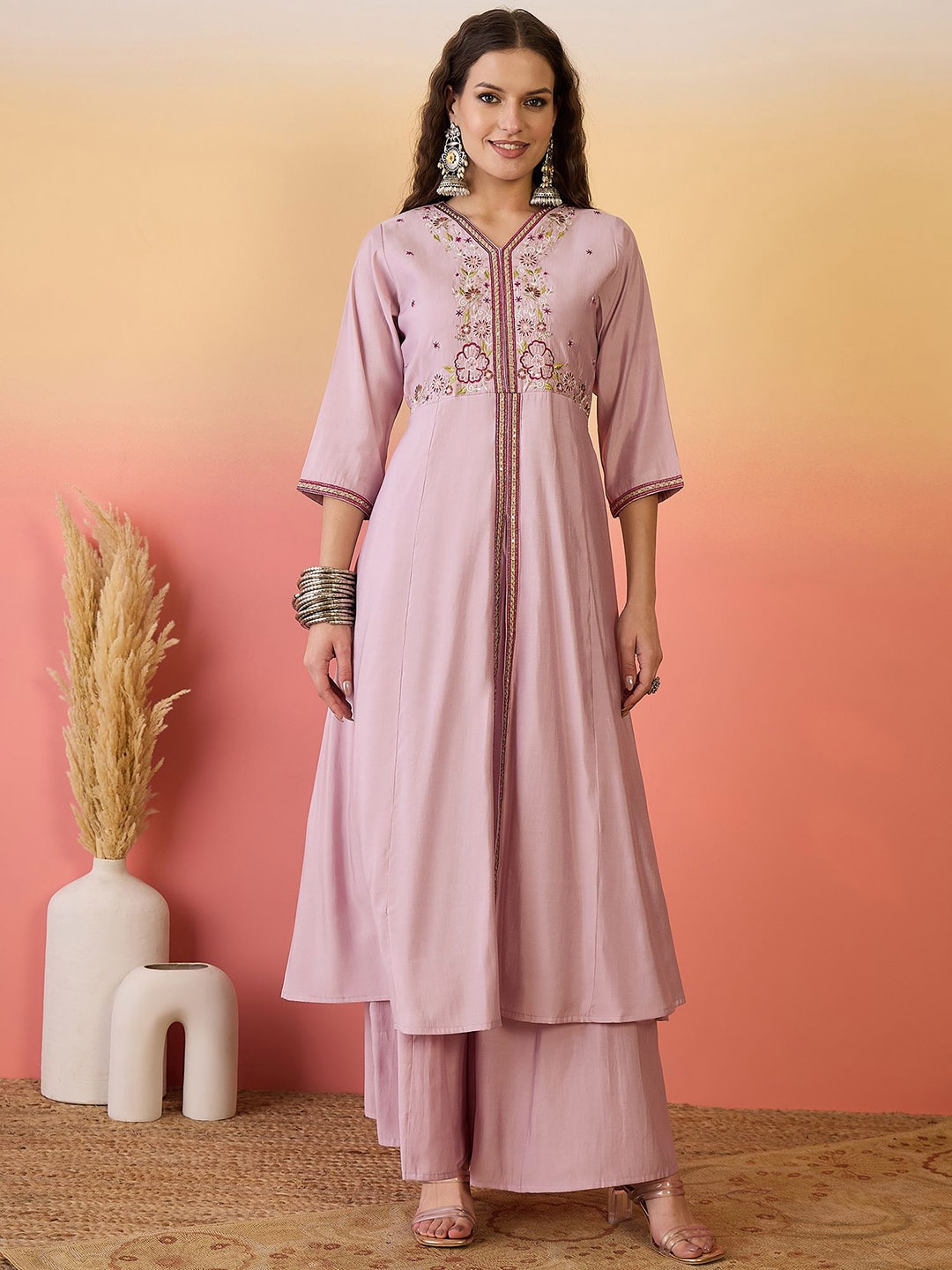 

Sangria Embroidered Kurta Palazzo With Dupatta, Pink